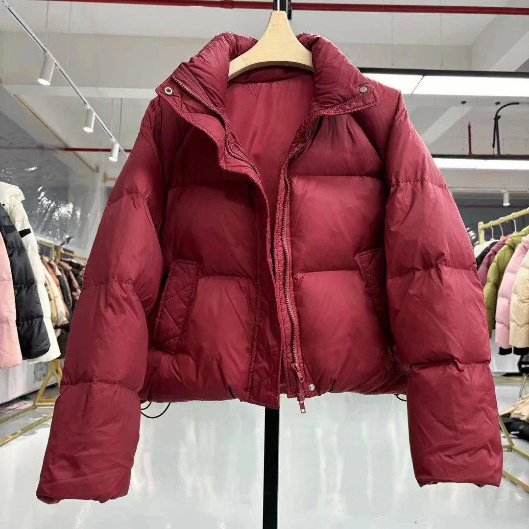 短款立领面包服厚款白鸭绒羽绒服女士红色韩版时尚休闲百搭