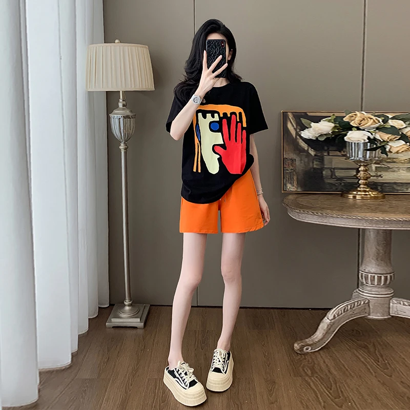 时尚休闲套装女夏季新款宽松洋气减龄显瘦印花短袖短裤运动两件套
