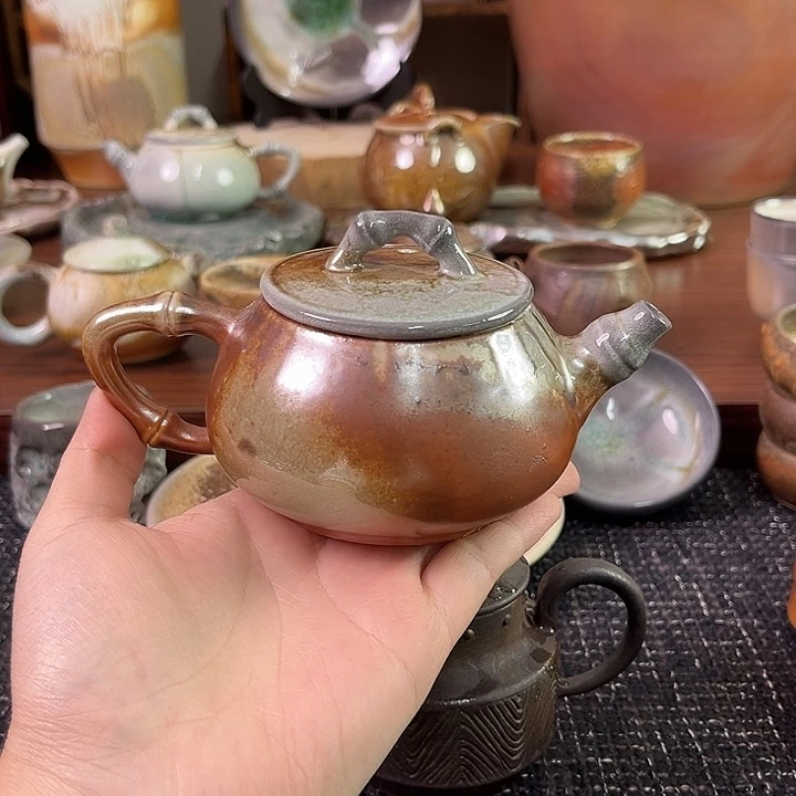 柴烧中白泥竹节石瓢壶