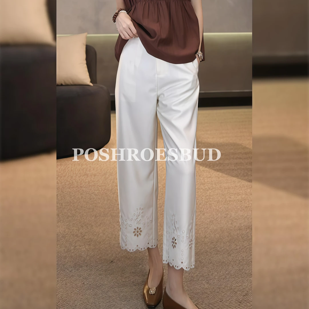POSHROSEBUD【白茶】垂感镂空拼接直筒高腰气质九分休闲裤-70973
