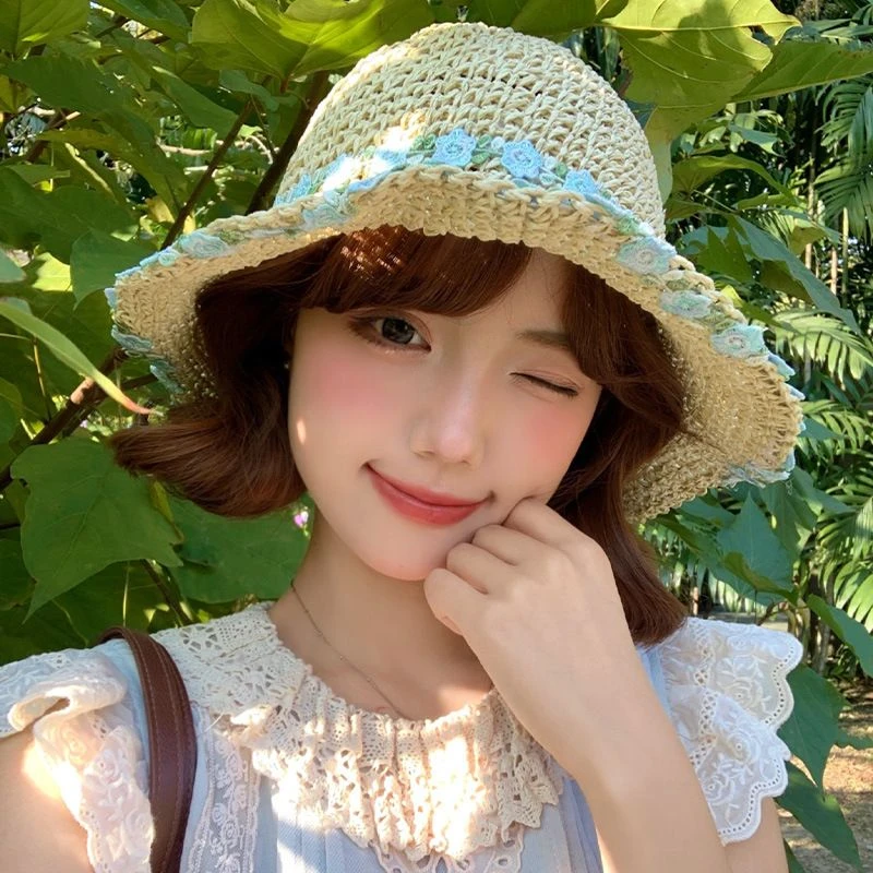 蓝色花朵编织渔夫帽女2025年春新款海边大帽檐草帽防晒太阳帽子