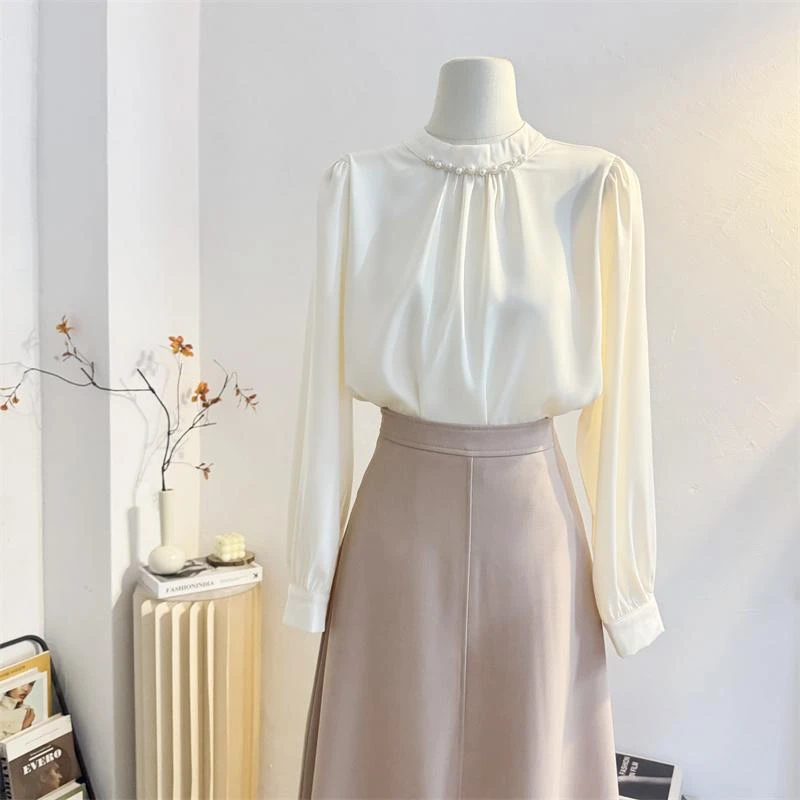 法式钉珠立领缎面长袖衬衫女2025春新款气质通勤衬衣垂感醋酸上衣