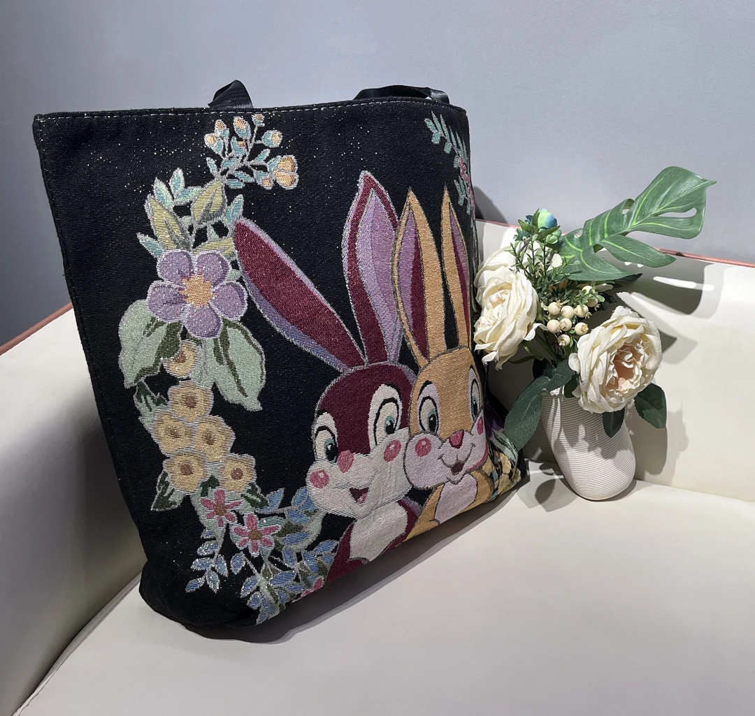 情侣兔黑色金丝刺绣包单肩国风女士百搭肩包