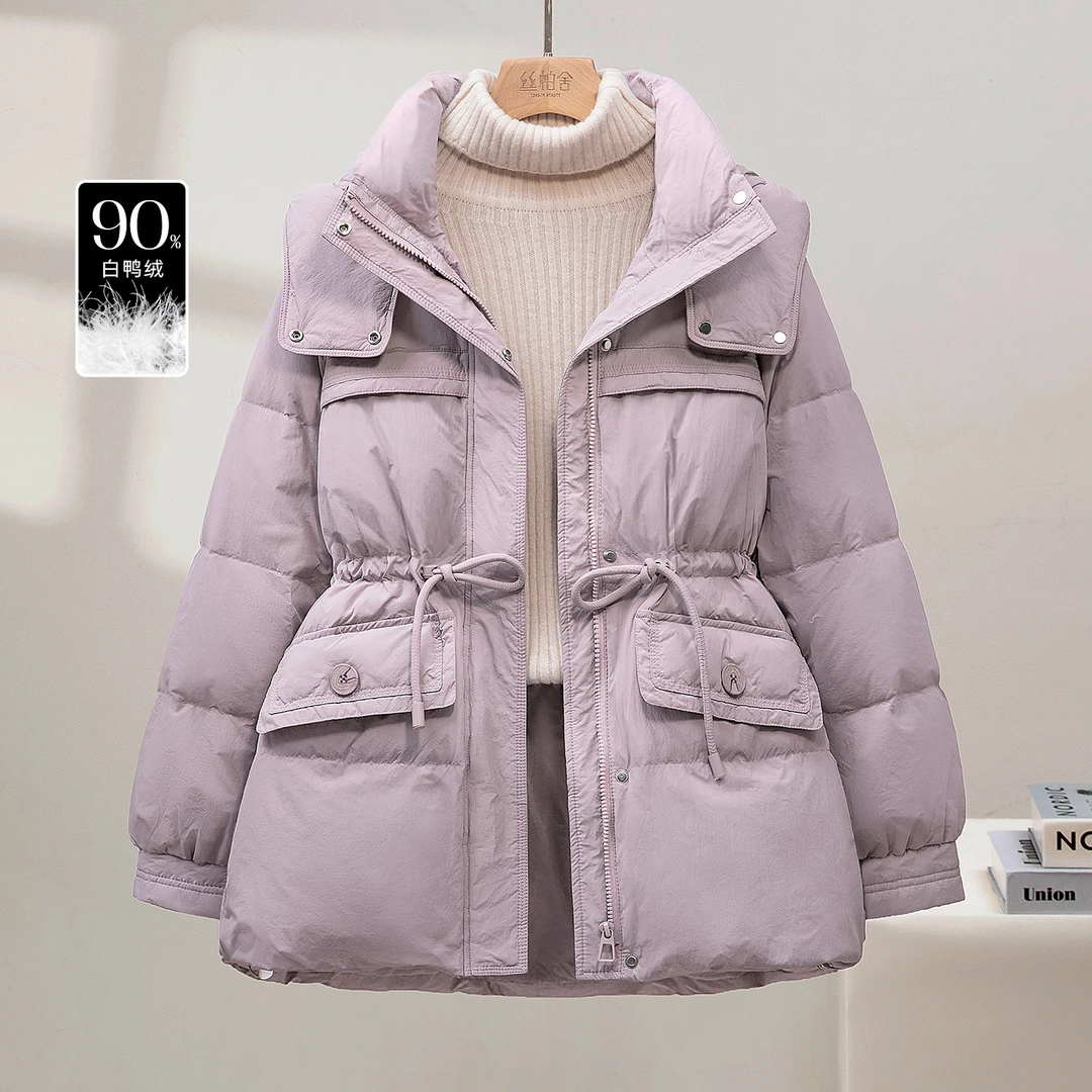 丝柏舍2025冬装新女装宽松拉链抽绳中长连帽90绒羽绒服S54B2455Y