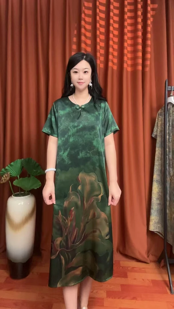 （翡翠绿）盘口气质中长款夏季时尚连衣裙百搭遮肉连衣裙