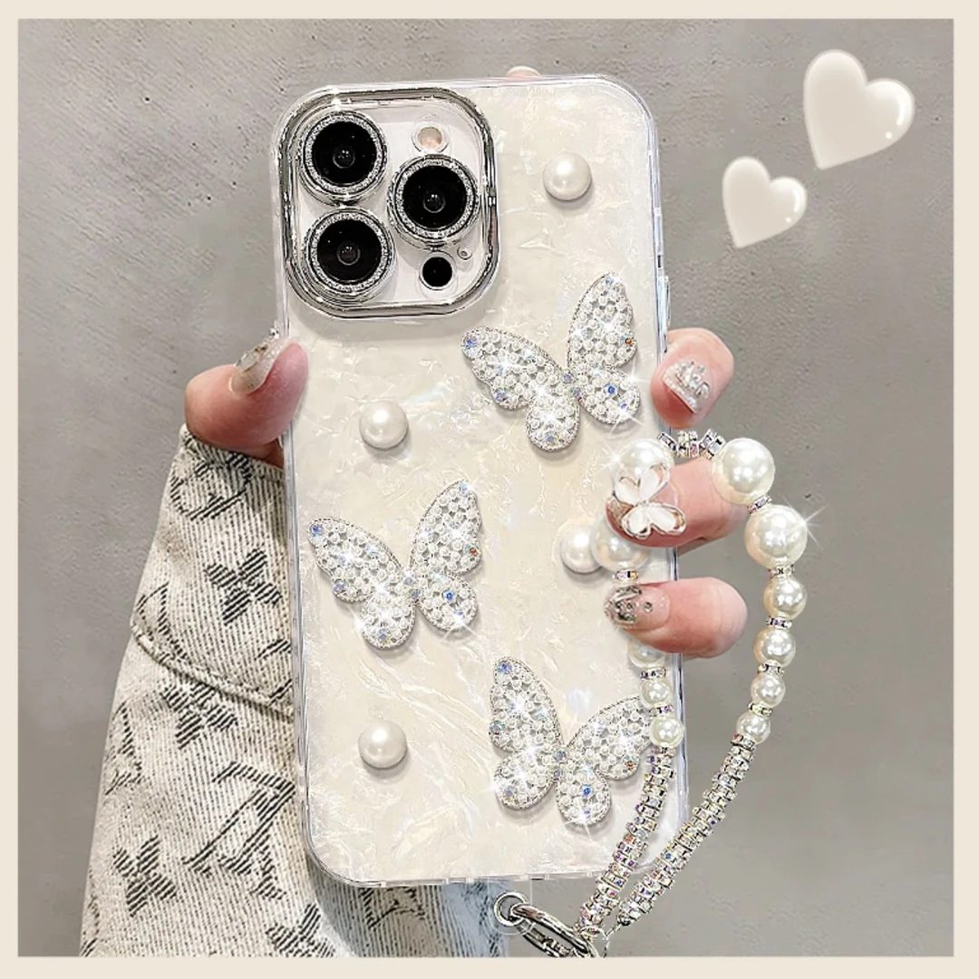 适用【苹果华为oppo小米vivo】珍珠蝴蝶精孔贝壳纹透明全包手机壳