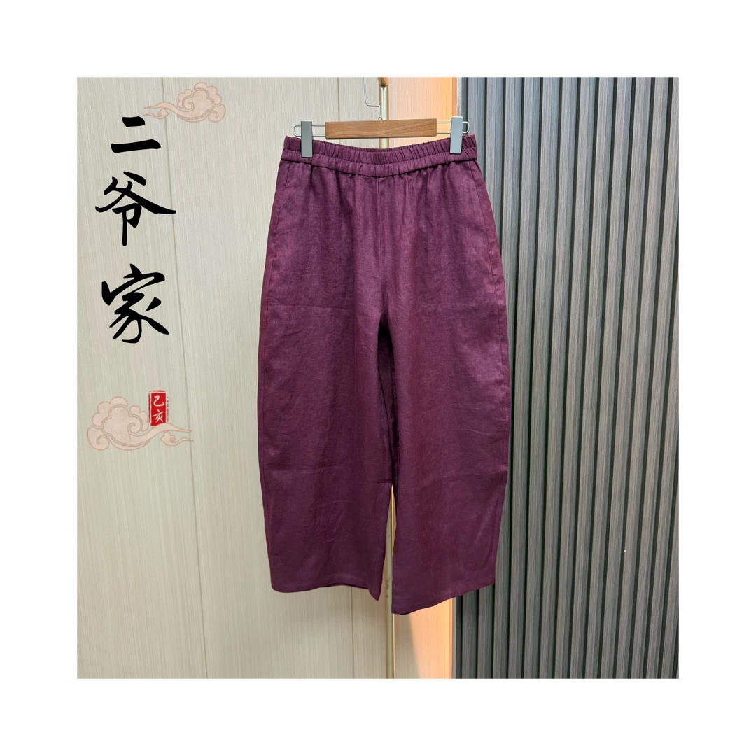 S88021046松紧腰纯色亚麻直筒裤