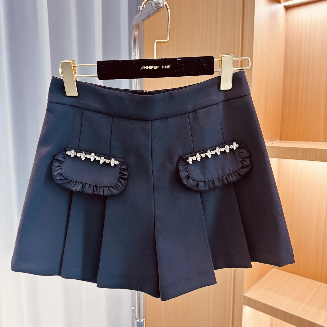 <猪猪家>百褶高腰短裤黑色显瘦莫代花园风百搭夏季气质洋气时尚