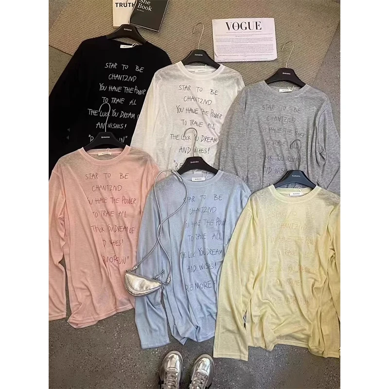 夏季字母印花薄款微透防晒长袖T恤女宽松大码显瘦200斤胖mm上