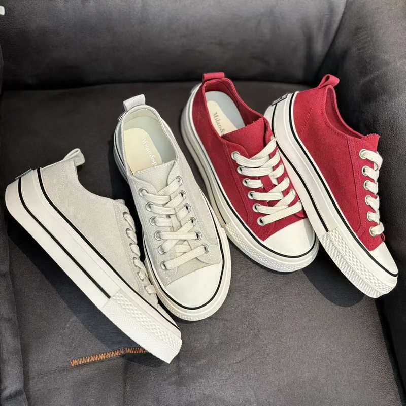 欧洲站2025春季新款翘底帆布鞋女系带厚底增高透气休闲板鞋欧货潮