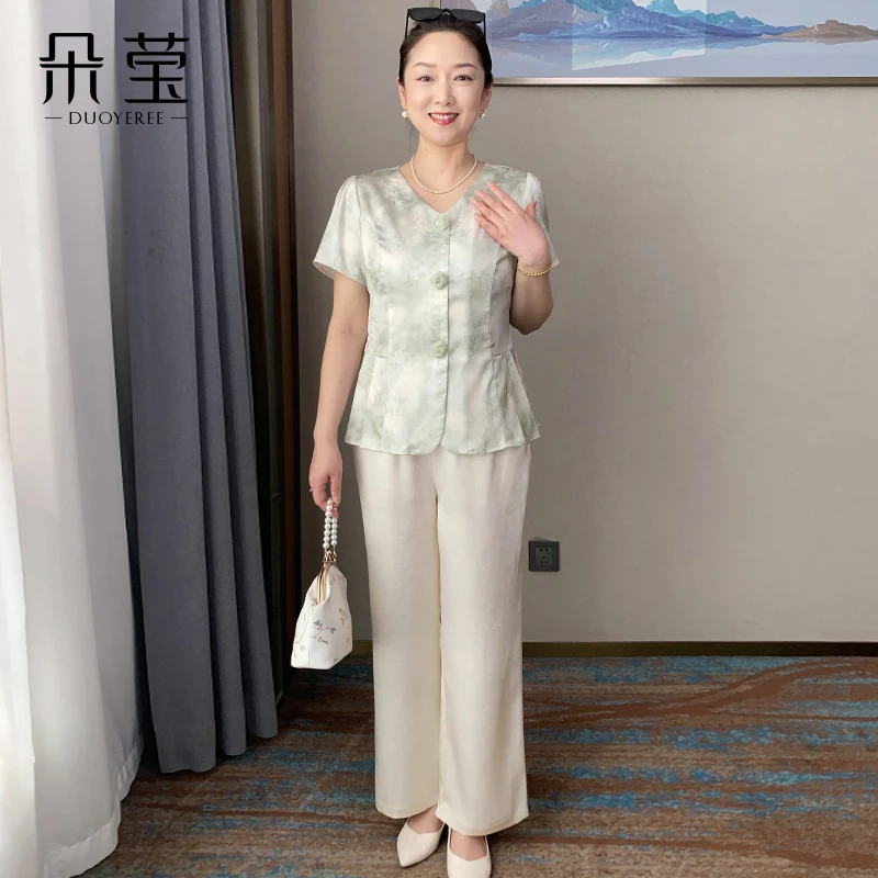 SL推荐气质妈妈装短袖小衫套装中年女中老年气质上衣裤子两件套