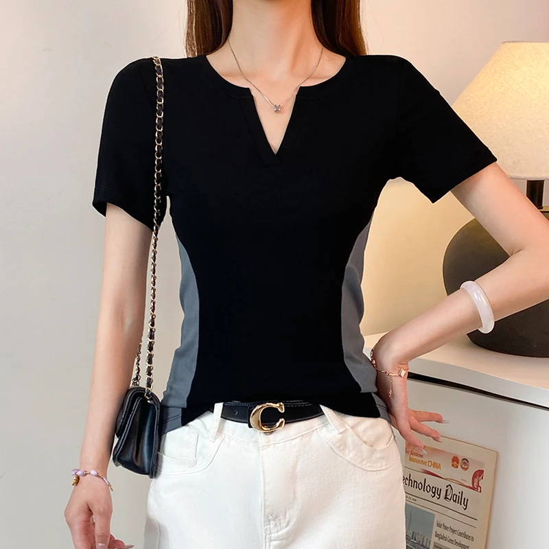 V领撞色短袖t恤女2025夏季新款修身设计感拼色打底衫显瘦百搭上衣