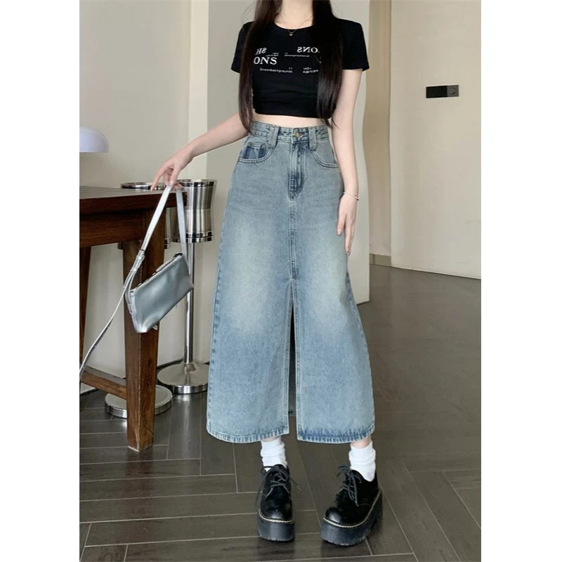 包包专属大码春季新款前开叉中长款胖妹妹牛仔半身裙C-2353