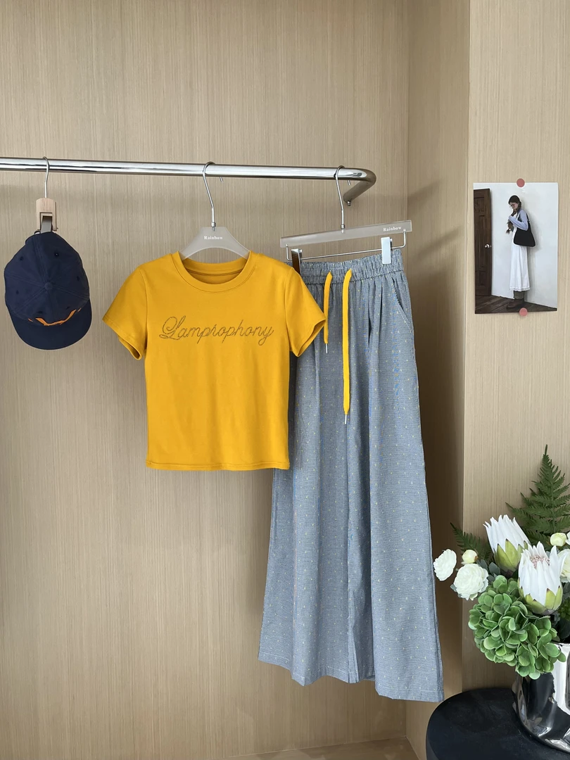 Rainbow（99282#）彩点格纹休闲阔腿裤