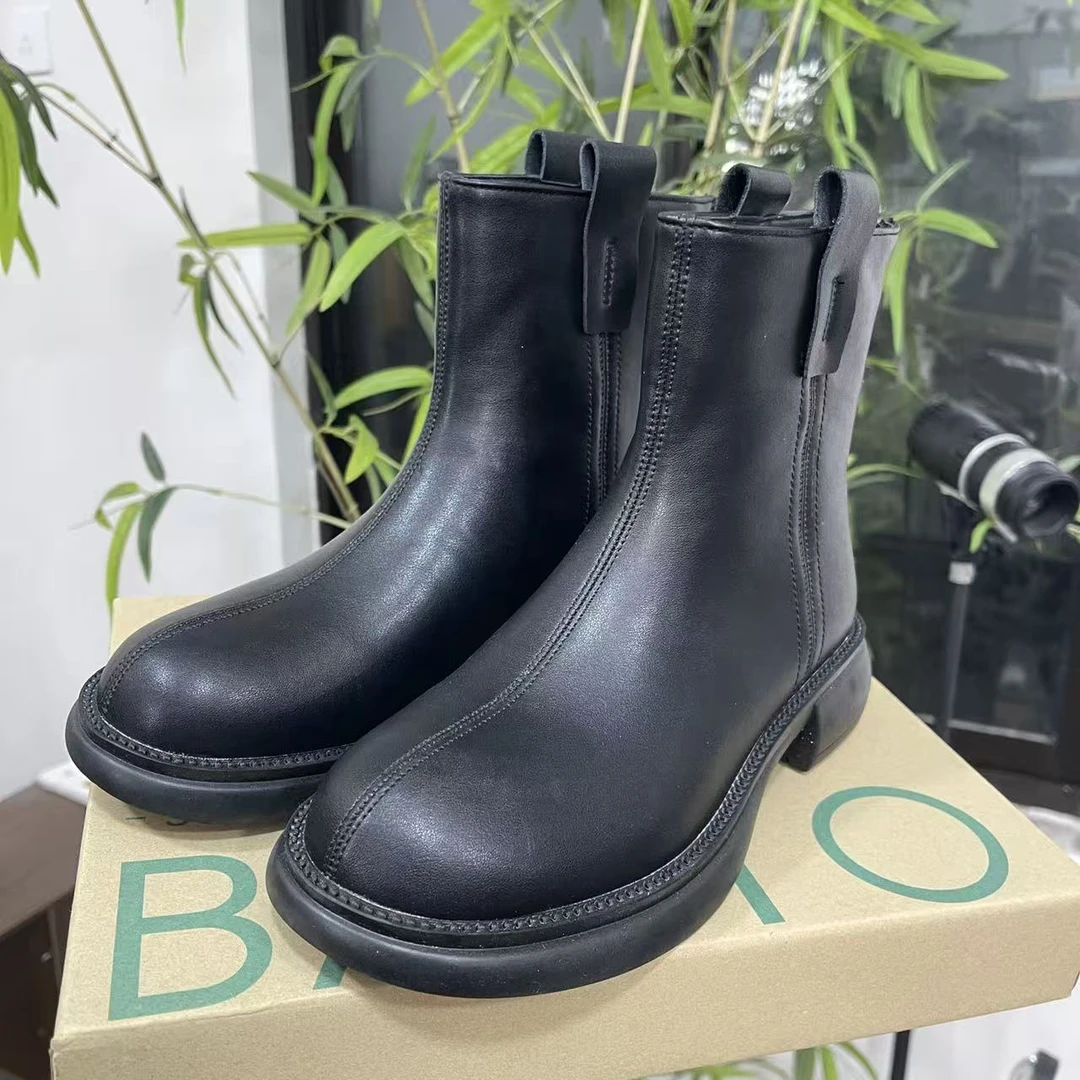 筒靴中短筒切尔西靴女士瘦瘦靴平底靴子 黑色英伦风88030