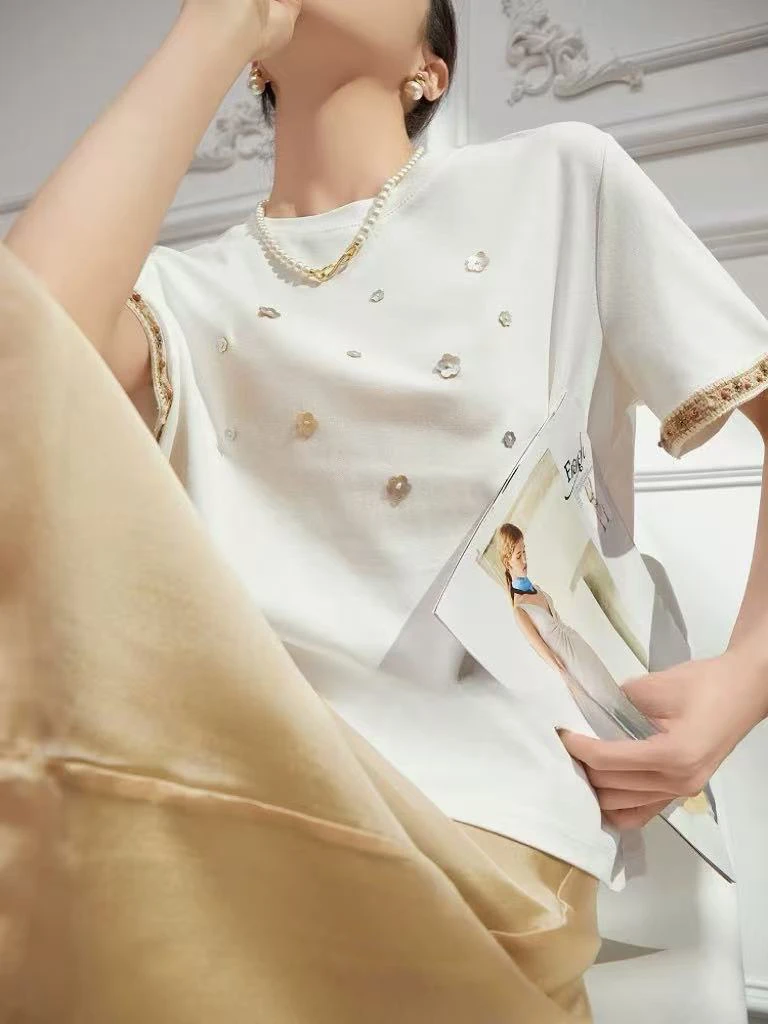 【夏夜星座手缝星】原创设计直角肩凉感白色短袖1721