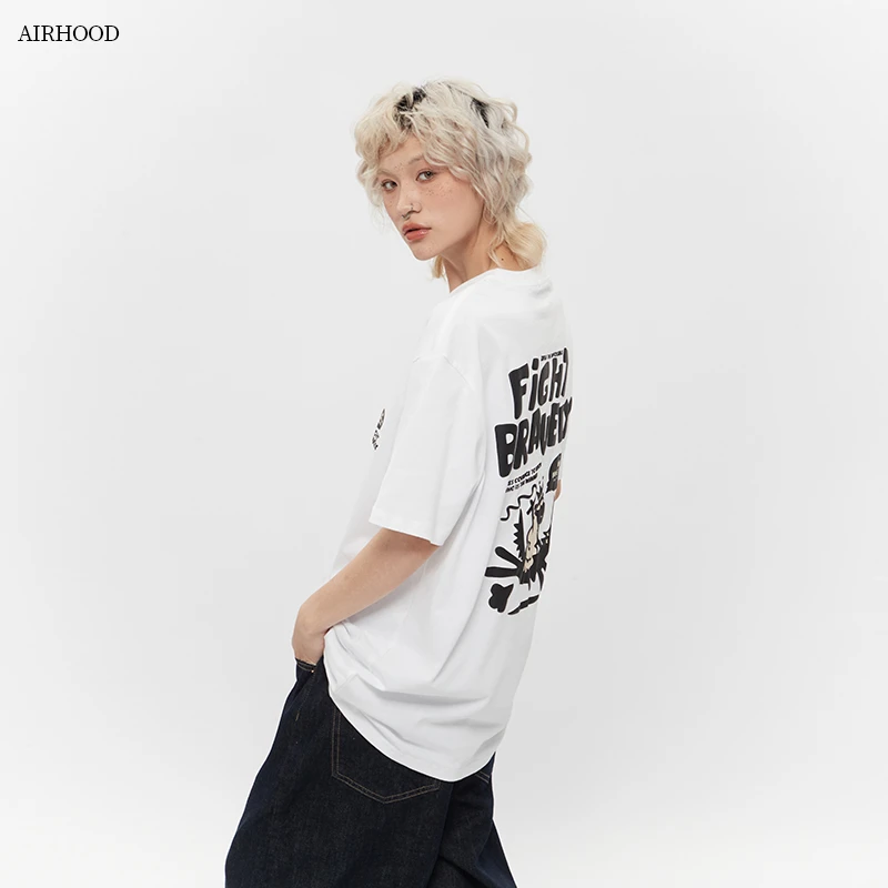 AIRHOOD 美式字母卡通印花百搭短袖情侣T恤复古宽松上衣女N5052
