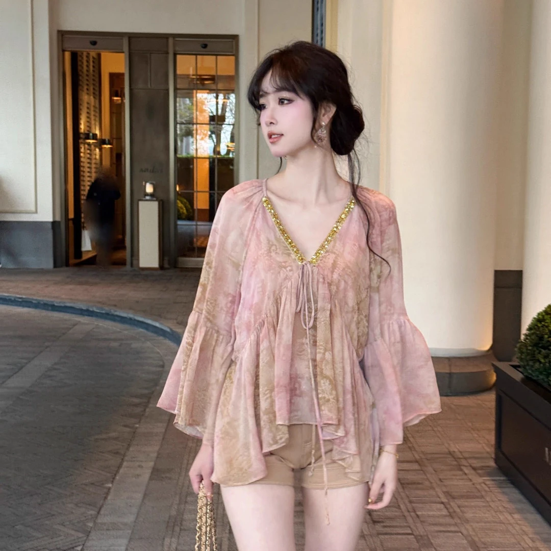 法式拼接亮片v领长袖雪纺衬衫女春夏气质宽松衬衣设计感绝美上衣