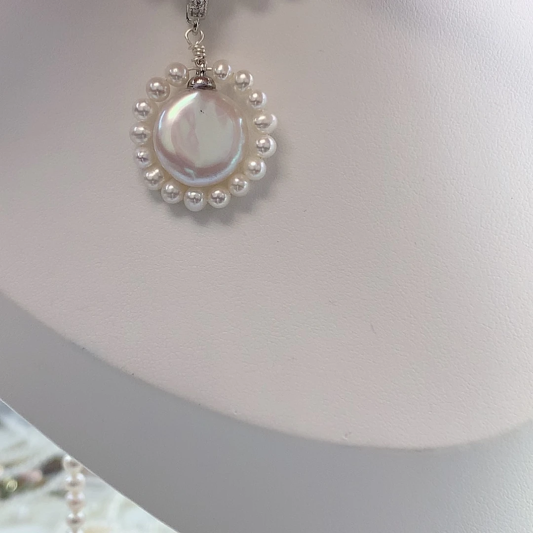 银S925镶嵌耳饰淡水珍珠太阳花纽扣