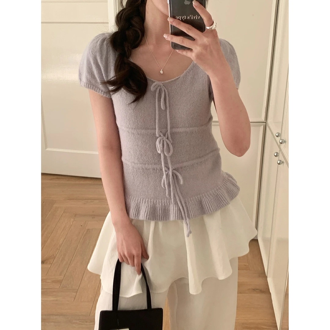 6122#温柔可爱蝴蝶结系带木耳边针织上衣