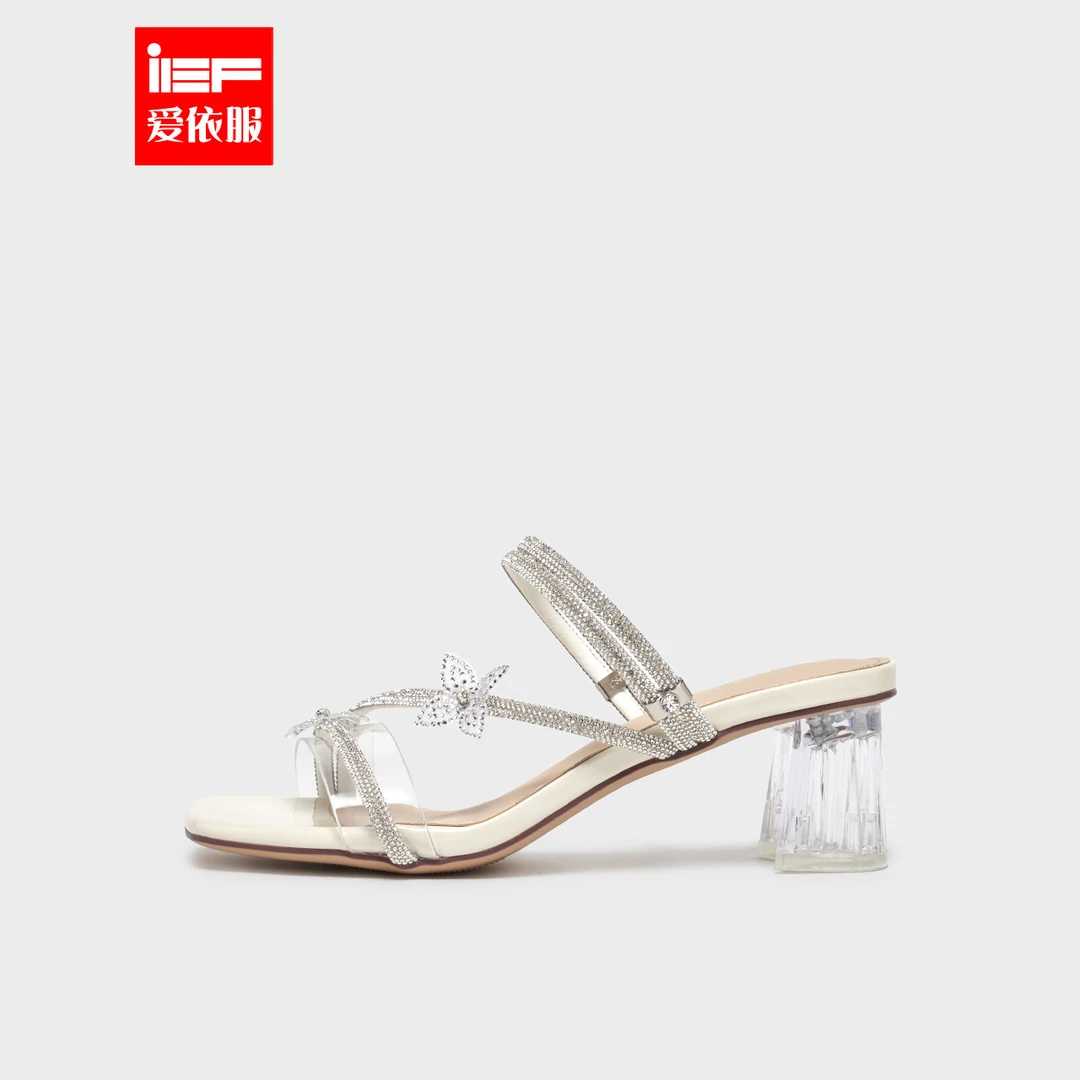 IEF/爱依服拖鞋2025夏季新款名媛水钻蝴蝶结设计粗跟凉鞋流光风