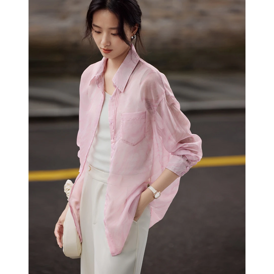 沫晗依美2025国风晕染渐变印花超薄外套设计感衬衫46403