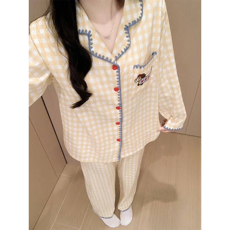 Meng luan/梦鸾春秋款睡衣女卡通小狗格子长袖长裤带胸垫家居服