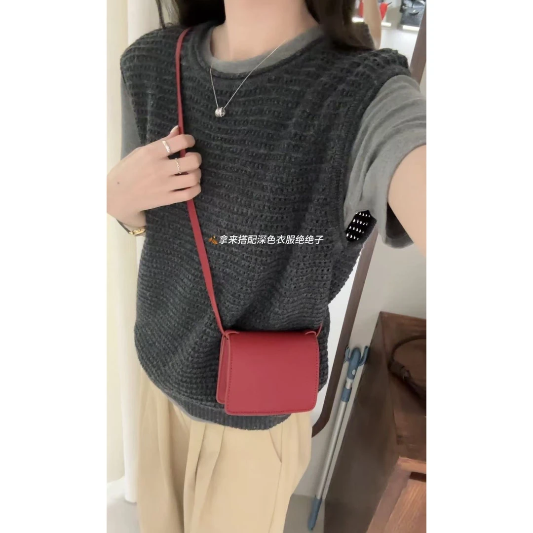 J-8855#【都给我冲这个包包~】复古酒红色小方包简约斜挎单肩包