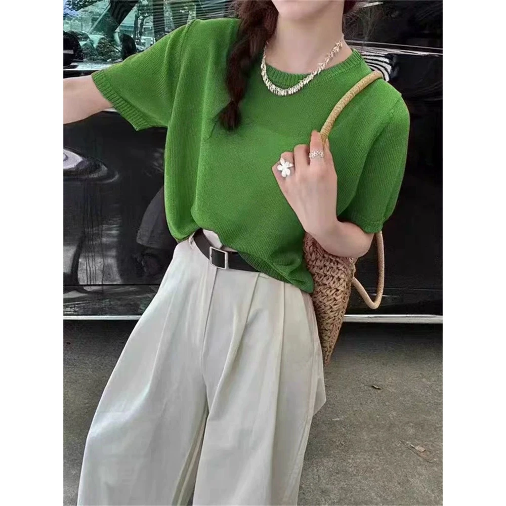 /翠绿短袖/简约圆领纯色宽松薄款针织短袖 衣长52 胸围46 95138