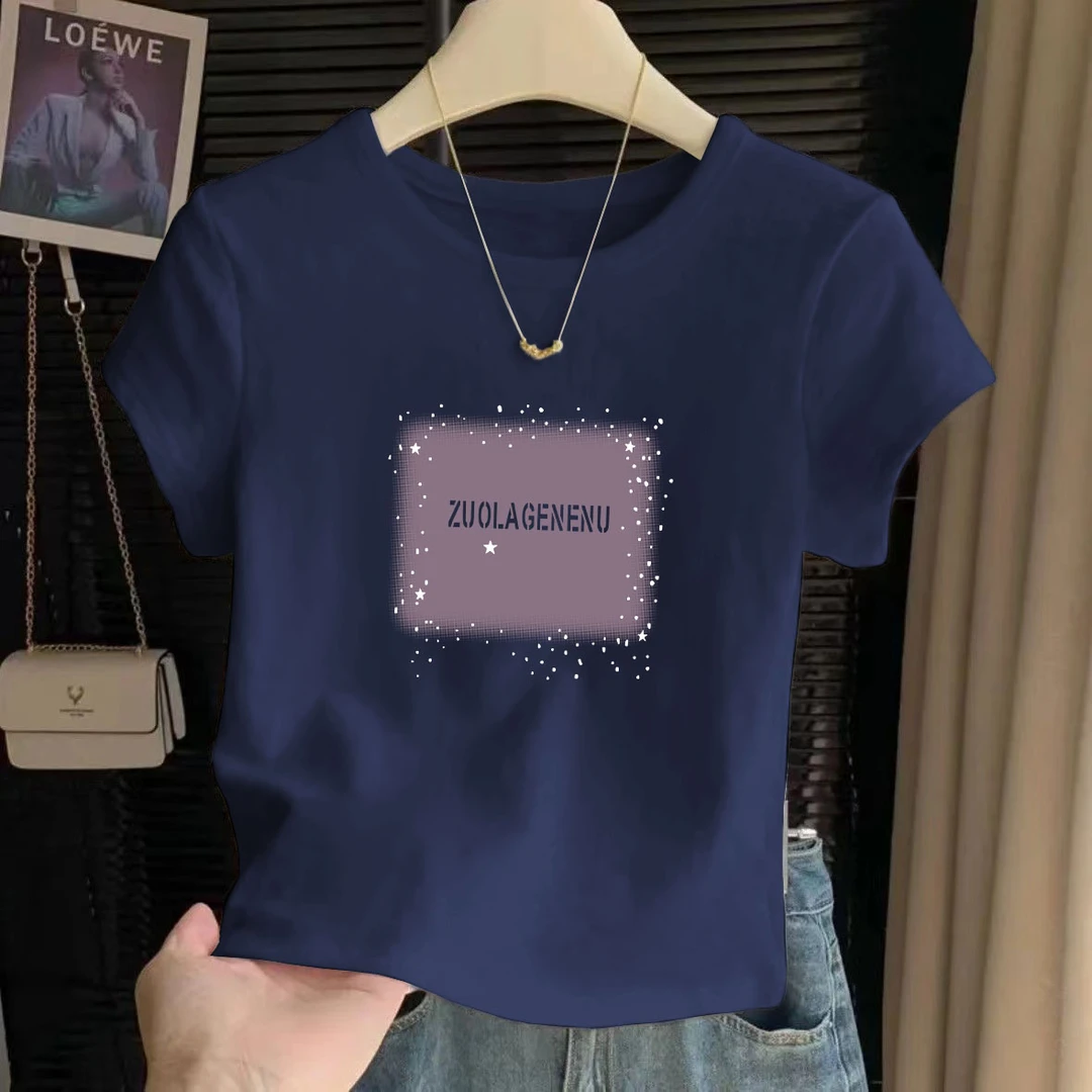 2025夏季新款洋气印花百搭短袖上衣女士纯棉大码高腰圆领短款t恤