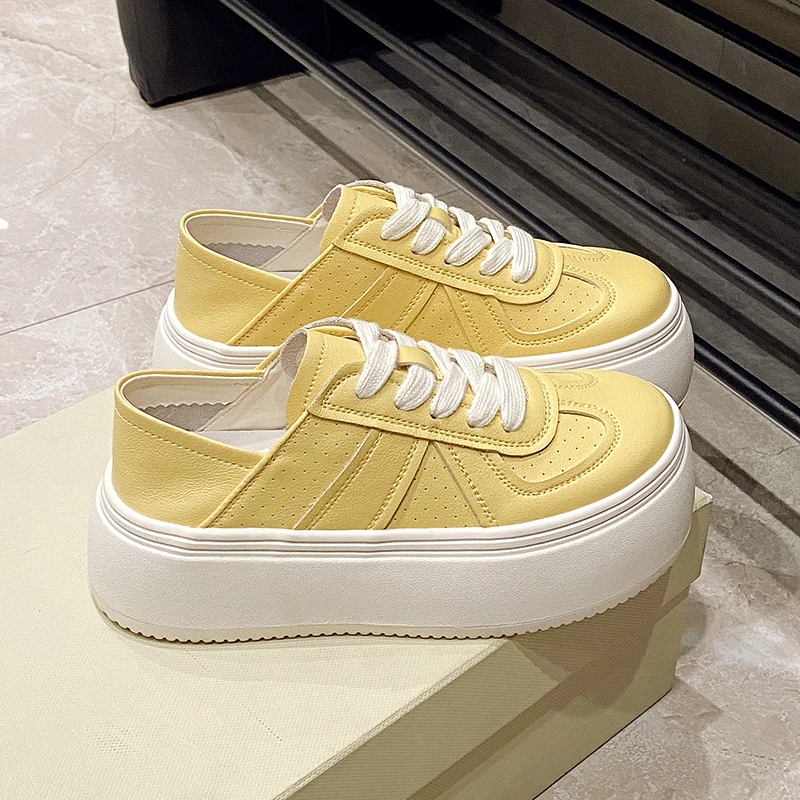 2025春夏新款真皮厚底德训鞋女5cm小个子时尚百搭透气两穿松糕鞋