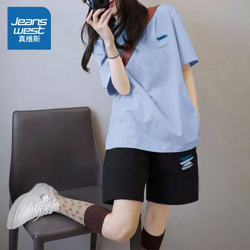 真维斯运动套装女款2025新款情侣夏季纯棉短袖短裤夏日穿搭一整套