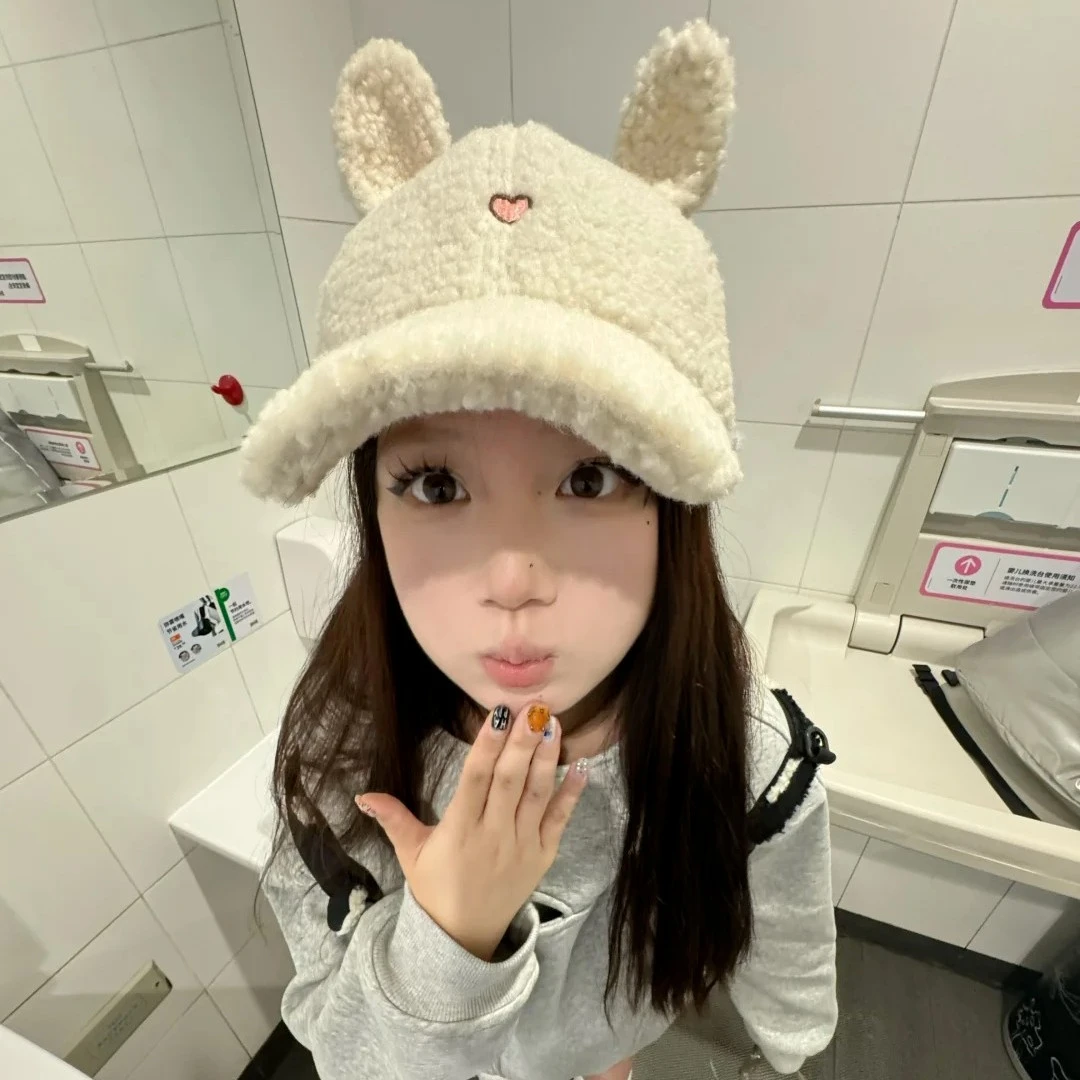 棒球帽子女2025新款秋冬季毛茸茸保暖可爱羊羔毛绒小兔耳朵鸭Dzs