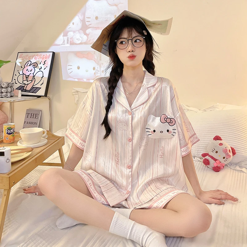 hellokitty约会睡衣女夏季冰丝短袖高级感大码夏天薄款家居服套装