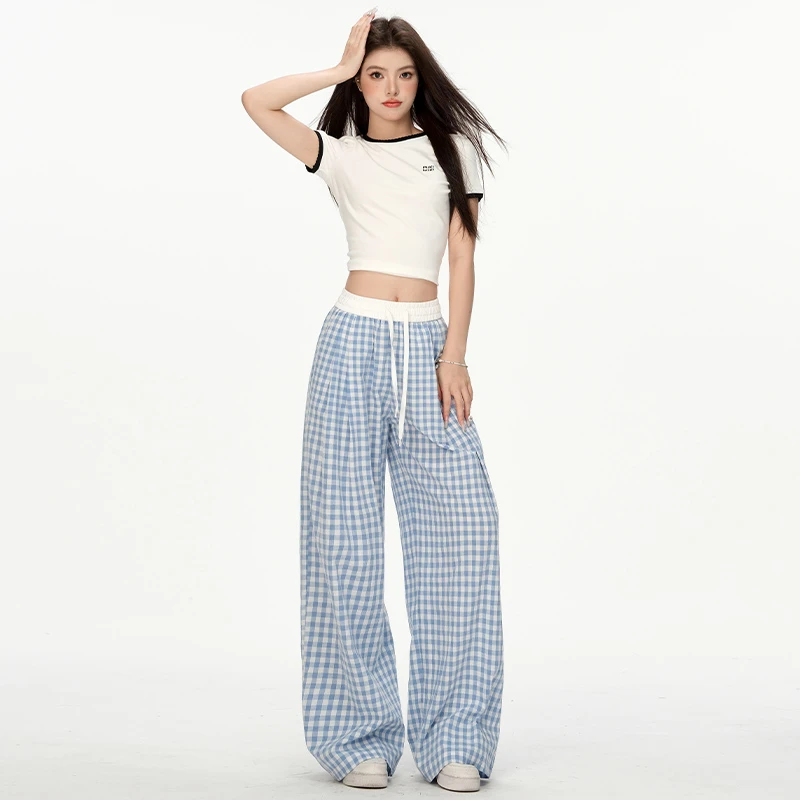2025夏季蓝色格子裤女新款夏季慵懒宽松休闲直筒阔腿裤&长裤加长