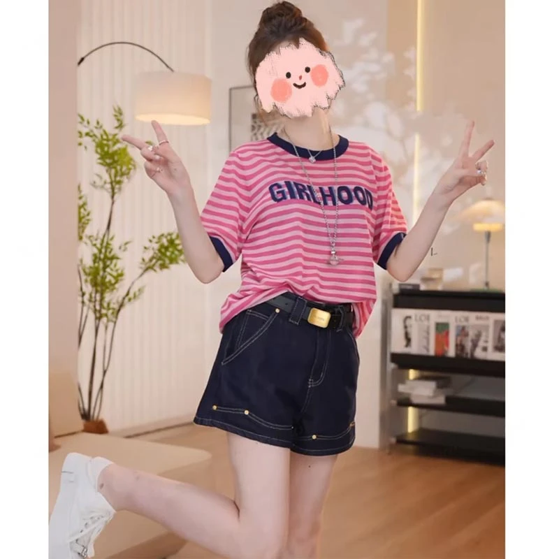 韩版小众百搭上衣2025夏季新款撞色条纹圆领设计感宽松短袖T恤女
