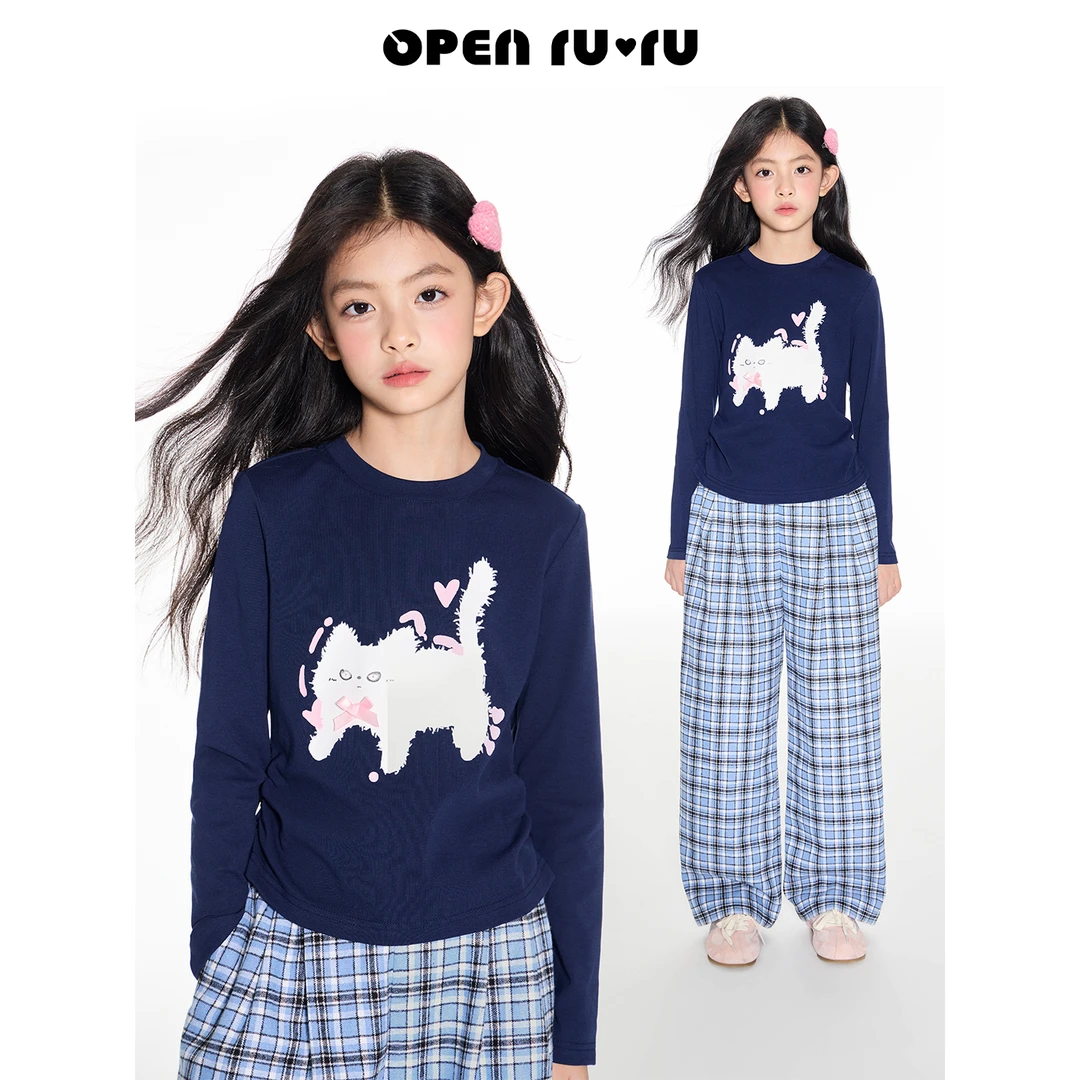 Opennunu女童猫咪正肩长袖T恤秋季中大童设计感印花修身短款上衣