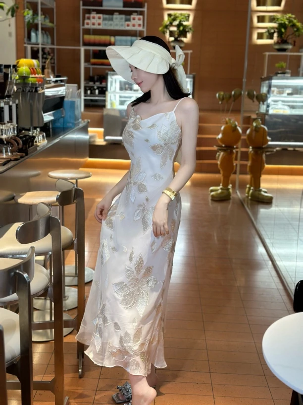 设计师品牌 白色金皮百合桑蚕丝连衣裙
