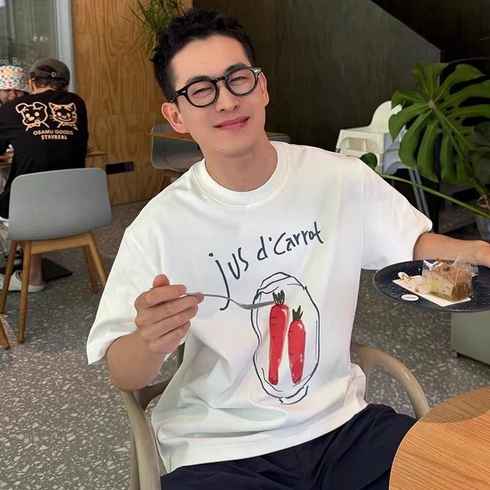 宽松休闲纯棉圆领t恤美式上衣男装印花短袖夏季潮流白色半袖T恤潮