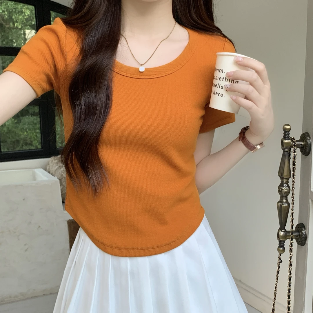 【小雅家】实价多巴胺设计感修身圆领上衣纯色正肩短袖T恤女显瘦