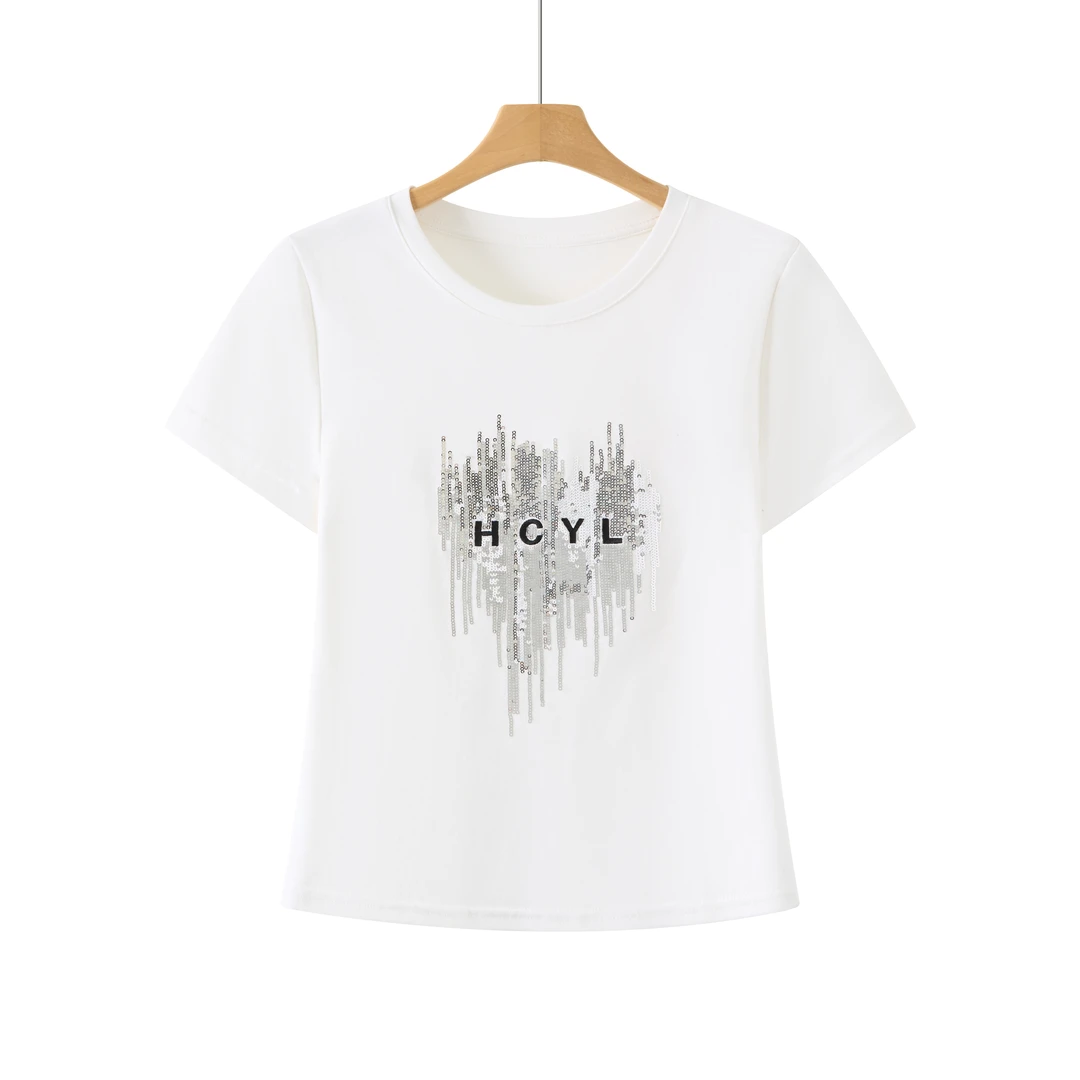 品牌25129夏季新款亮片爱心短袖打底衫女士圆领松T恤白色纯棉时尚