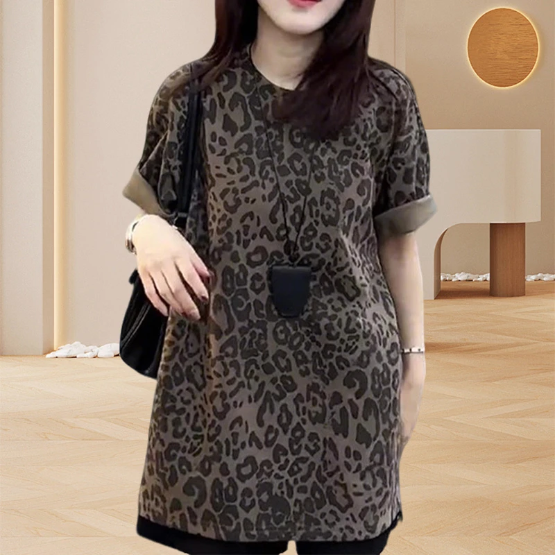 复古圆领豹纹短袖T恤女网红洋气百搭女装打底衫减龄显瘦休闲上衣