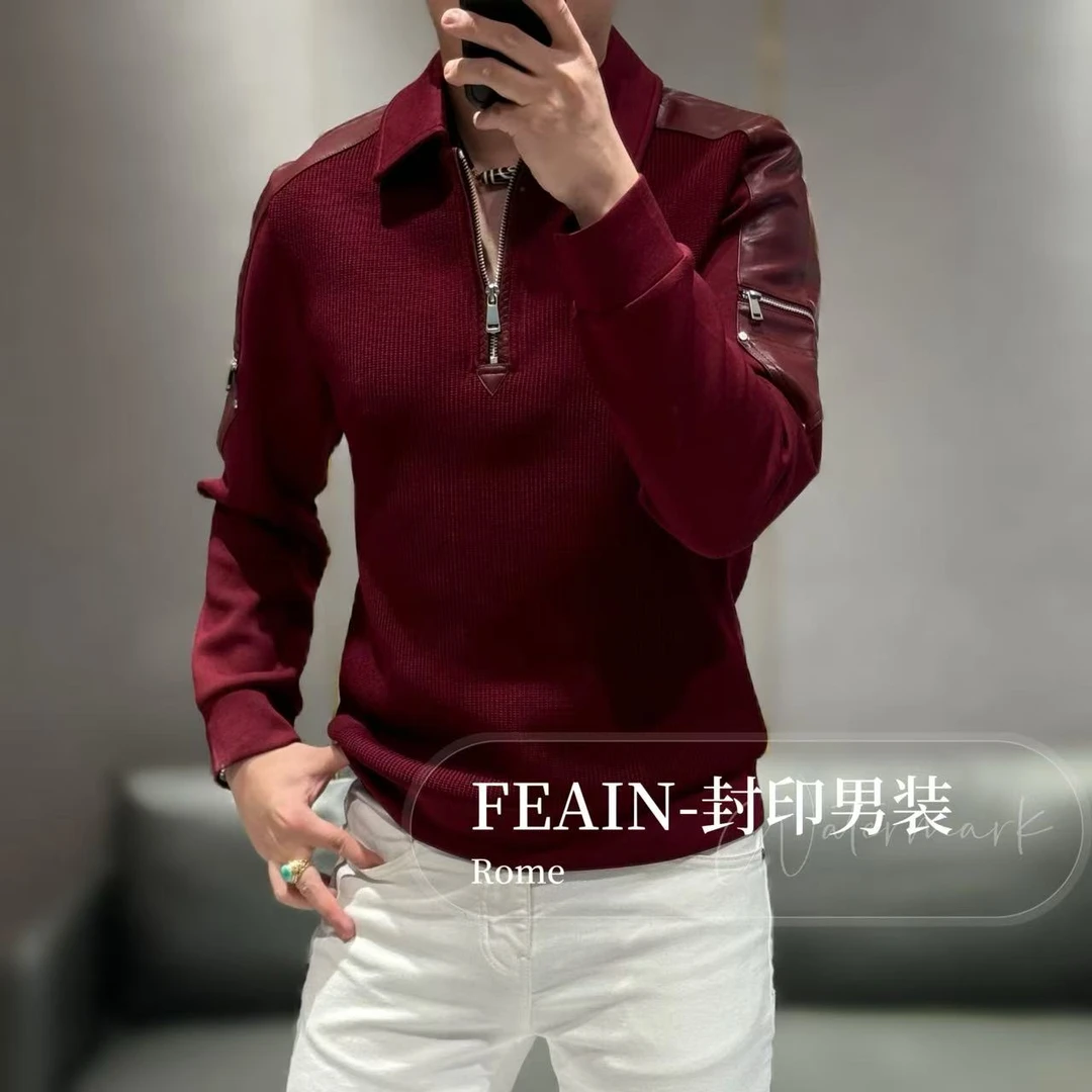 【真皮拼接】B*V方向全手工立体裁剪拼真皮羊皮卫衣8128