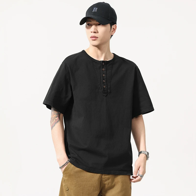 美式复古320G重磅短袖亨利衫宽松休闲夏季阿美咔叽硬汉五颗扣T恤