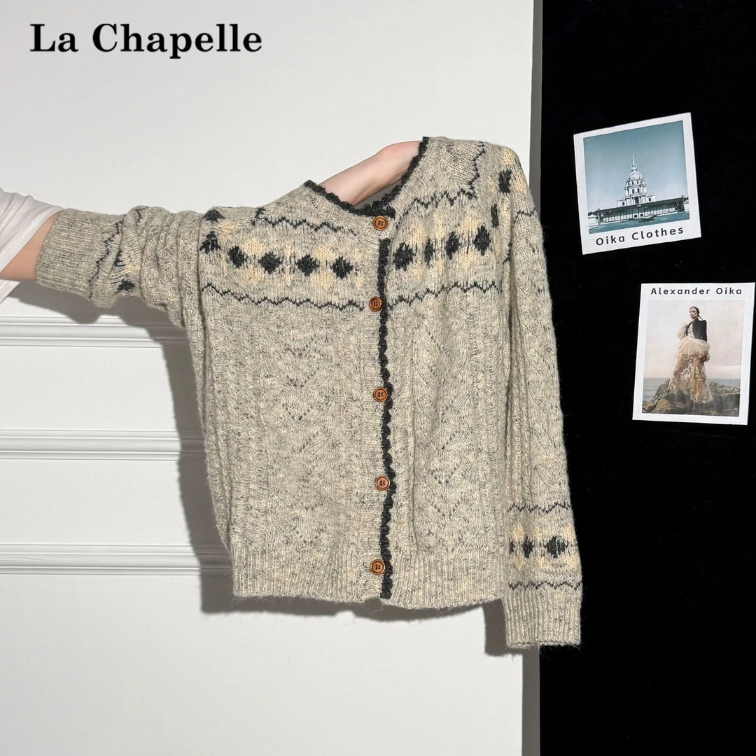 拉夏贝尔费尔岛加厚慵懒圆领长袖毛衣外套女秋冬宽松针织开衫上衣