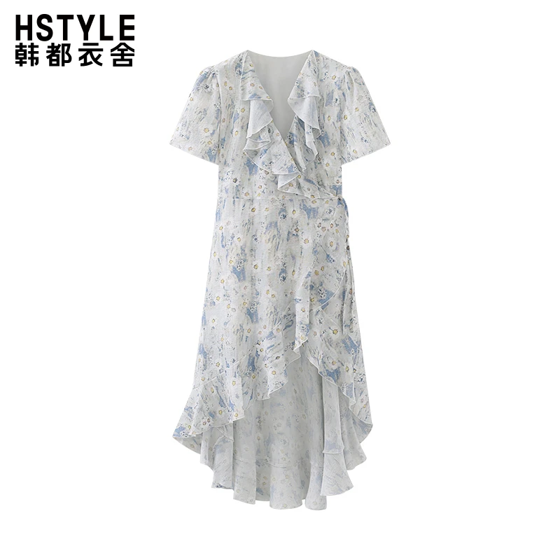 韩都衣舍碎花木耳花边不规则小众甜美清新小众高腰短袖连衣裙女夏