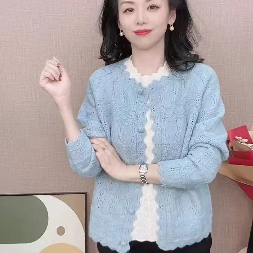 MD春装女士新款花边镂空纯色插肩长袖圆领针织包布扣毛衣开衫女