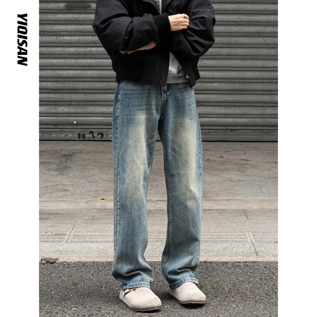 水洗做旧直筒巴黎竹节纹宽松vibe牛仔裤美式休闲情侣百搭拖地裤子