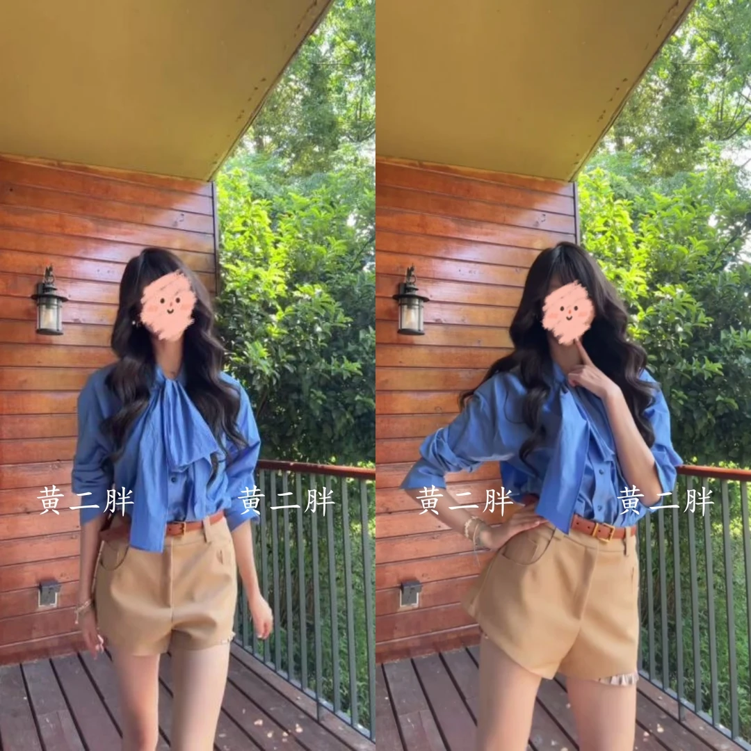 克莱因蓝长袖系带衬衫女秋季新款设计感气质小众衬衣+卡其色短裤