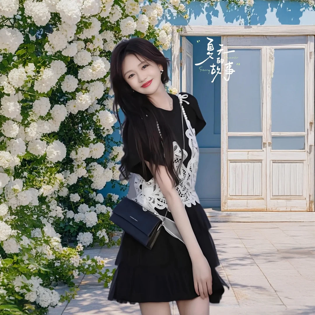 E309+E310+E311夏季新款胖mm短袖t恤吊带半身裙显瘦气质三件套装